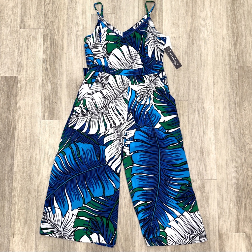 NWT Tropical Leaf Print Pants Jumpsuit Wide Legs Spaghetti Straps Tie Size 12